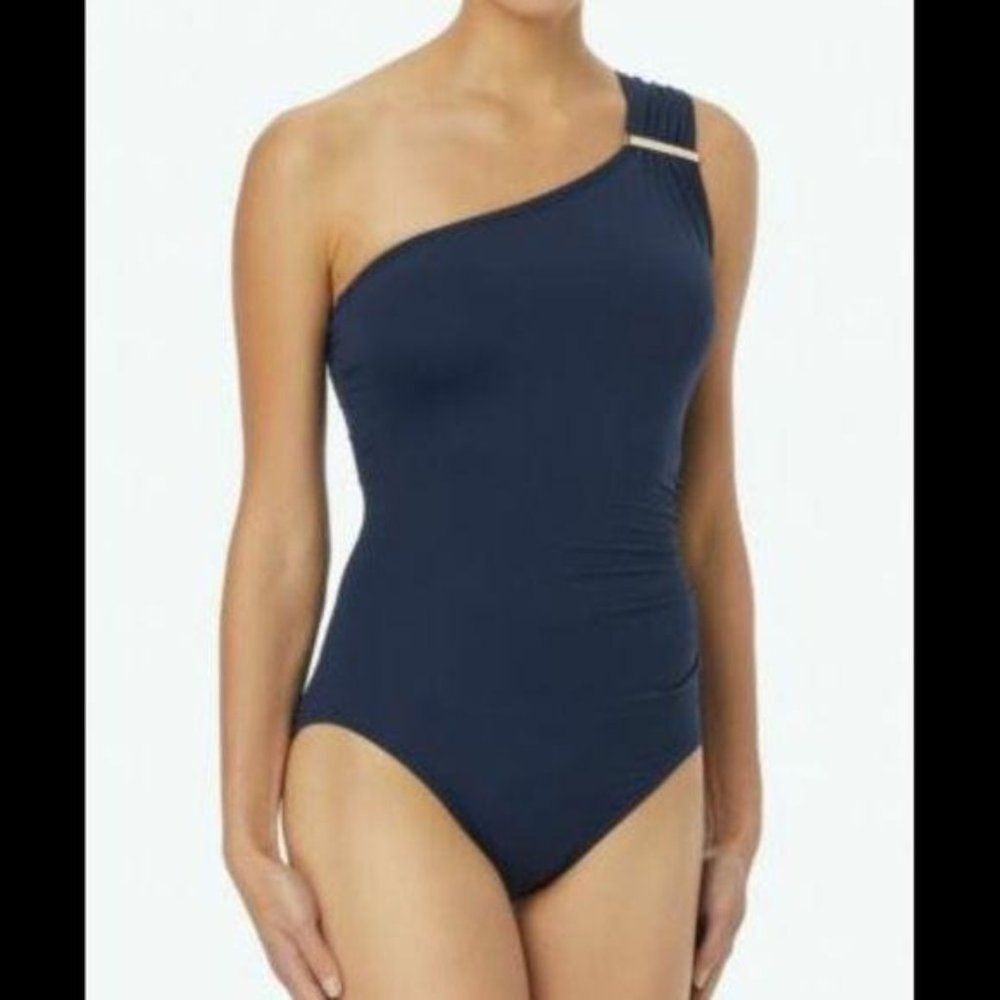 MICHAEL Michael Kors One Shoulder One-Piece Swimsuit Size 6 Navy Blue